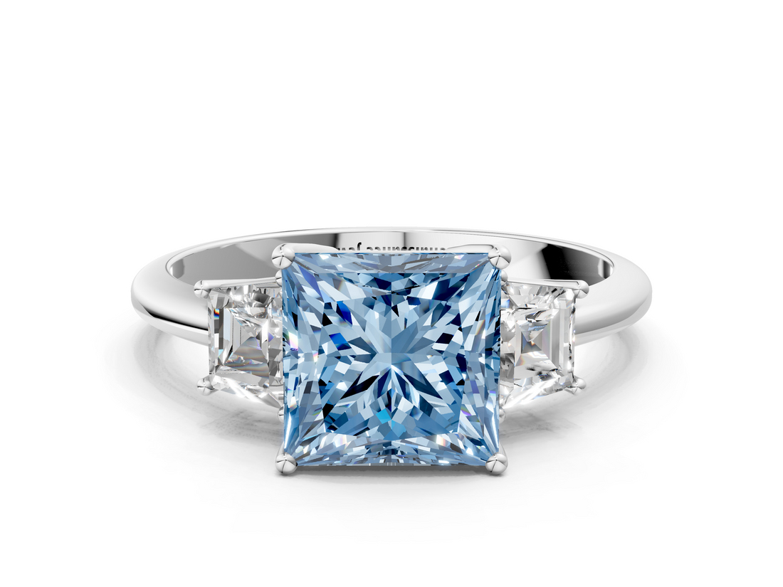 White gold Fancy Blue Princess  Diamond Three-Stone Ring with Trapezoid Side Stones and Prong Setting_17