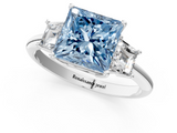 White gold Fancy Blue Princess  Diamond Three-Stone Ring with Trapezoid Side Stones and Prong Setting_18