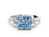 White gold Fancy Blue Princess  Diamond Three-Stone Ring with Trapezoid Side Stones and Prong Setting_18