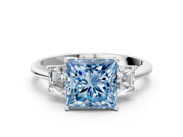 White Gold Princess Cut Three Stone Engagement Ring Setting for Fancy Blue Center with Trapezoid Side Stones
