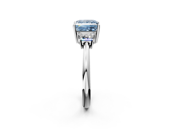 White Gold Princess Cut Three Stone Engagement Ring Setting for Fancy Blue Center with Trapezoid Side Stones