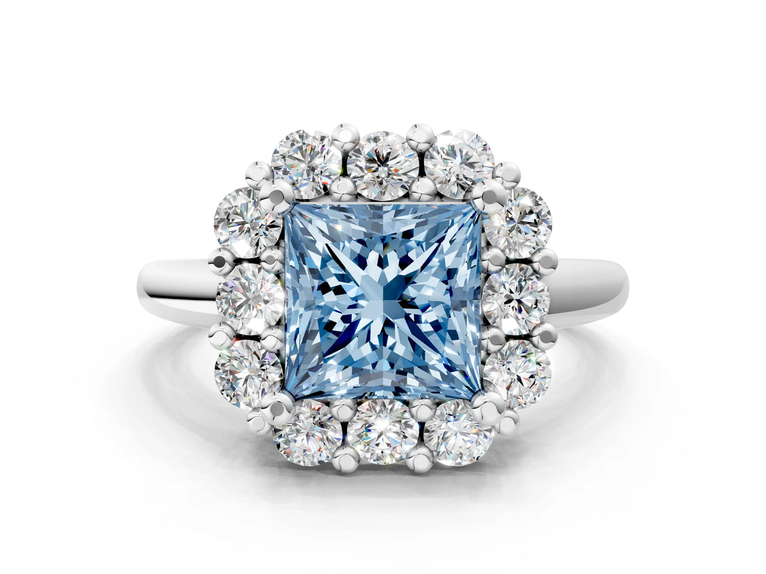 White gold Fancy Blue Princess  Halo Cluster Diamond Engagement Ring with Prong Setting and Polished Band_27