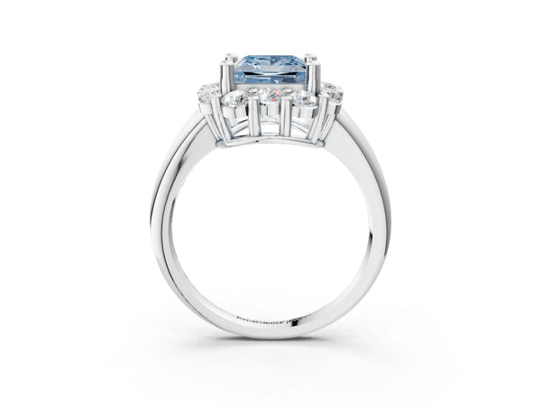 White gold Fancy Blue Princess  Halo Cluster Diamond Engagement Ring with Prong Setting and Polished Band