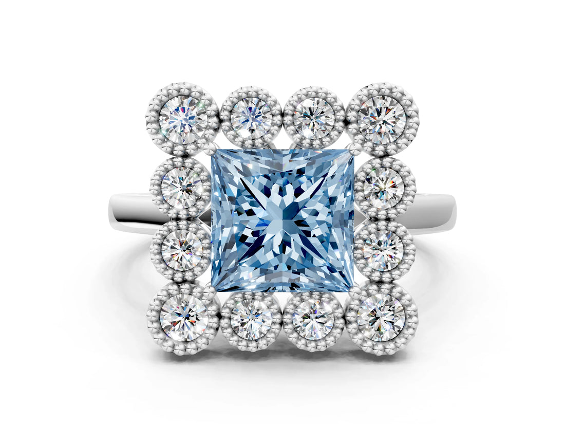 White gold Fancy Blue Princess  Halo Diamond Cluster Engagement Ring with Milgrain Bezel Setting and Solitaire Band_27
