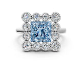 White gold Fancy Blue Princess  Halo Diamond Cluster Engagement Ring with Milgrain Bezel Setting and Solitaire Band_27