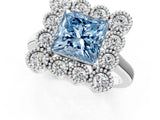 White gold Fancy Blue Princess  Halo Diamond Cluster Engagement Ring with Milgrain Bezel Setting and Solitaire Band_28
