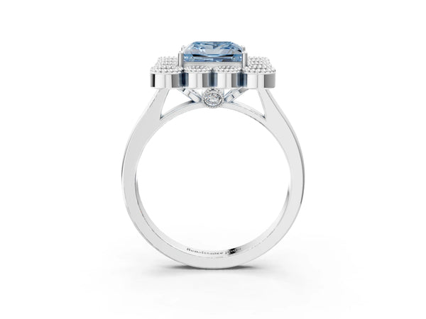White Gold Princess Cut Bezel Cluster Halo Engagement Ring Setting for Fancy Blue Center