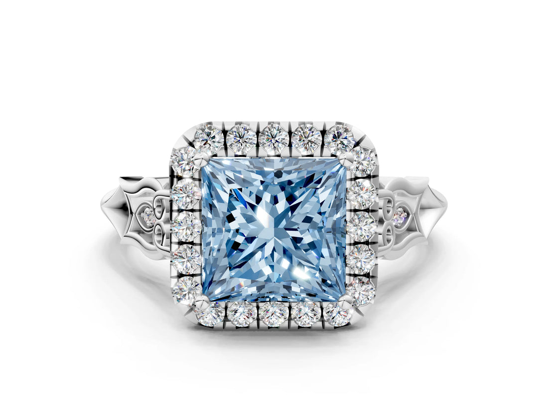 White gold Fancy Blue Princess  Halo Diamond Engagement Ring with Filigree Band and Four-Prong Setting_105