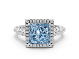 White gold Fancy Blue Princess  Halo Diamond Engagement Ring with Intricate Filigree Band and Four-Prong Setting_37