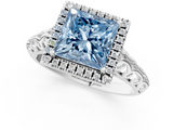 White gold Fancy Blue Princess  Halo Diamond Engagement Ring with Intricate Filigree Band and Four-Prong Setting_38