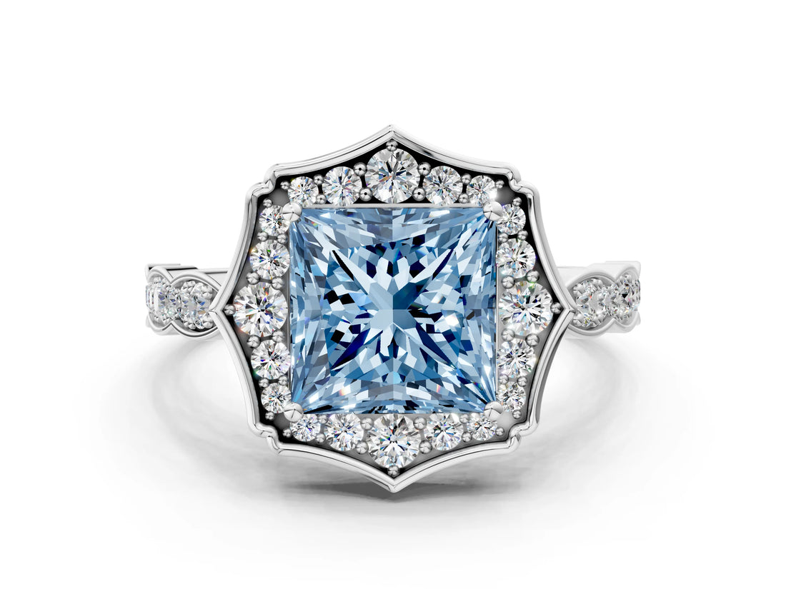 White gold Fancy Blue Princess  Halo Diamond Engagement Ring with Milgrain Band and Four-Prong Setting_48