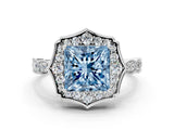 White gold Fancy Blue Princess  Halo Diamond Engagement Ring with Milgrain Band and Four-Prong Setting_48