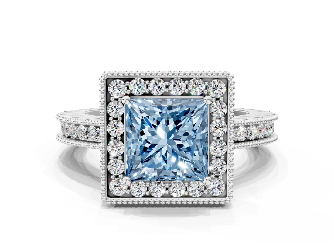 White gold Fancy Blue Princess  Halo Diamond Engagement Ring with Milgrain Pave Band and Four-Prong Setting_159