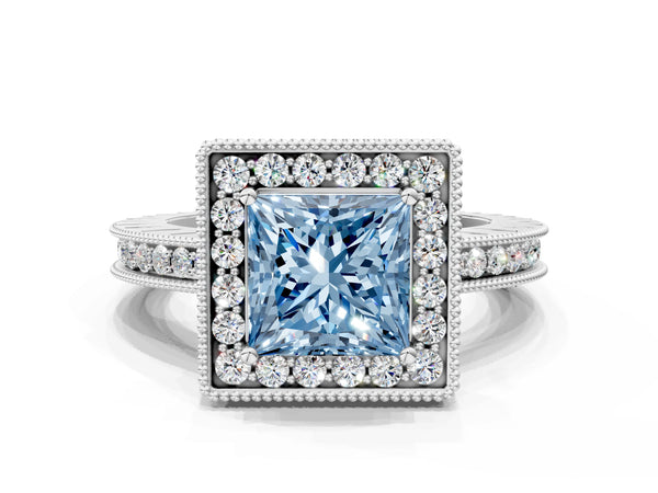 Platinum Fancy Blue Princess  Halo Diamond Engagement Ring with Milgrain Pave Band and Four-Prong Setting