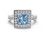 White gold Fancy Blue Princess  Halo Diamond Engagement Ring with Milgrain Pave Band and Four-Prong Setting_159