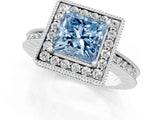 White gold Fancy Blue Princess  Halo Diamond Engagement Ring with Milgrain Pave Band and Four-Prong Setting_160