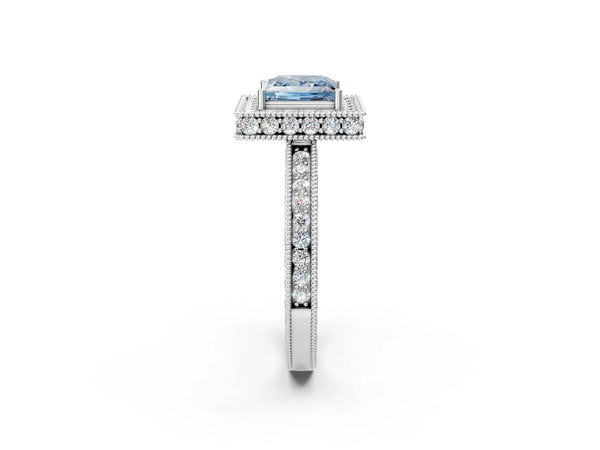 Platinum Fancy Blue Princess  Halo Diamond Engagement Ring with Milgrain Pave Band and Four-Prong Setting