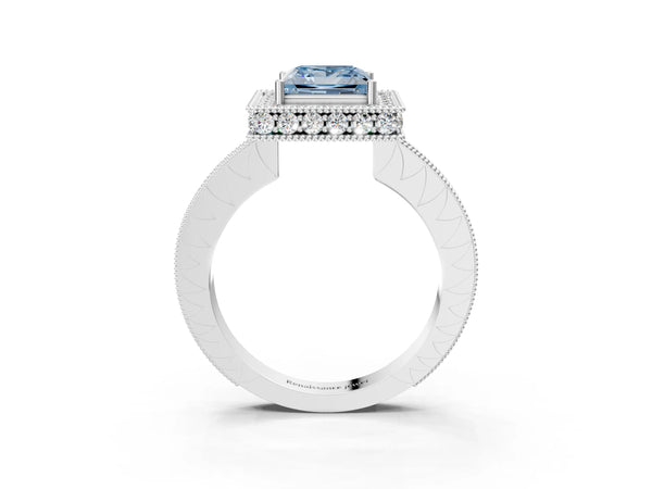 Platinum Fancy Blue Princess  Halo Diamond Engagement Ring with Milgrain Pave Band and Four-Prong Setting