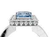 White gold Fancy Blue Princess  Halo Diamond Engagement Ring with Milgrain Pave Band and Four-Prong Setting_163