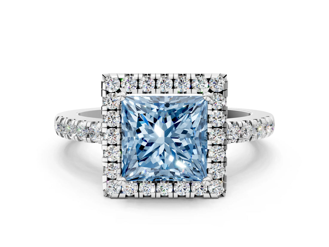 White gold Fancy Blue Princess  Halo Diamond Engagement Ring with Pavé Band and Four-Prong Setting_105