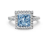 White gold Fancy Blue Princess  Halo Diamond Engagement Ring with Pavé Band and Four-Prong Setting_105