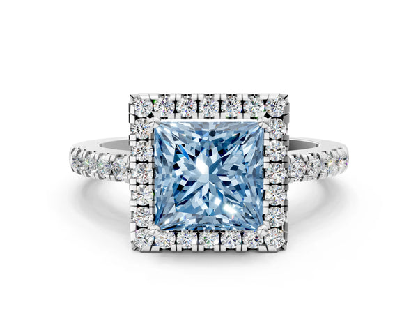 Platinum Fancy Blue Princess  Halo Diamond Engagement Ring with Pavé Band and Four-Prong Setting