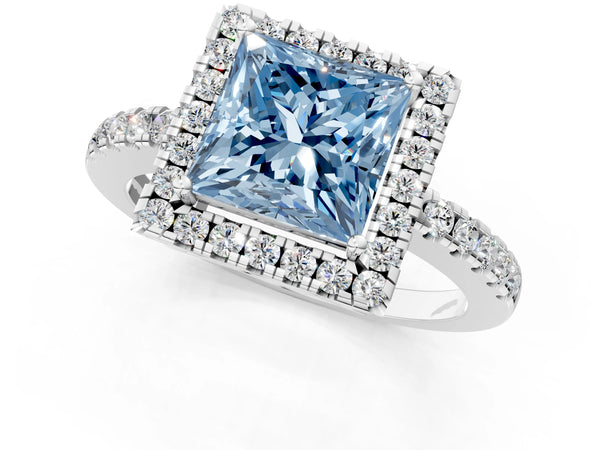 Platinum Fancy Blue Princess  Halo Diamond Engagement Ring with Pavé Band and Four-Prong Setting