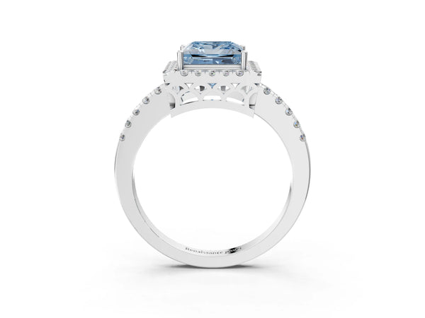 Platinum Fancy Blue Princess  Halo Diamond Engagement Ring with Pavé Band and Four-Prong Setting