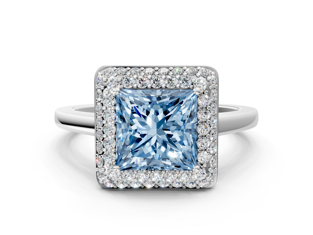 White gold Fancy Blue Princess  Halo Diamond Engagement Ring with Solitaire Band and Four-Prong Setting_20