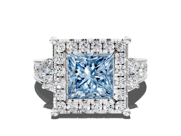Platinum Fancy Blue Princess  Halo Diamond Engagement Ring with Split Shank and Four-Prong Setting