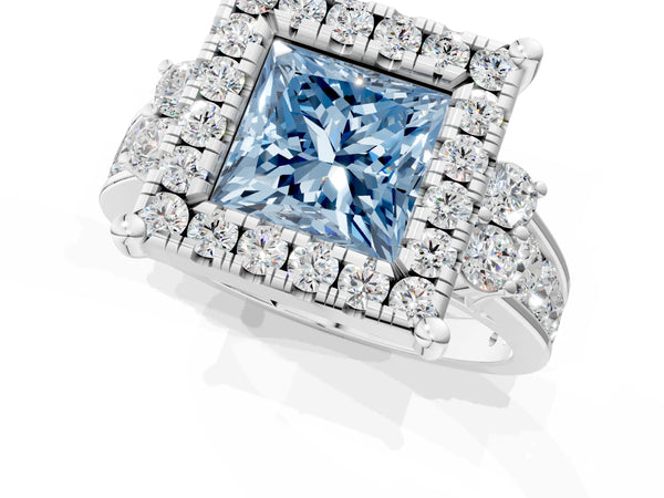 Platinum Fancy Blue Princess  Halo Diamond Engagement Ring with Split Shank and Four-Prong Setting