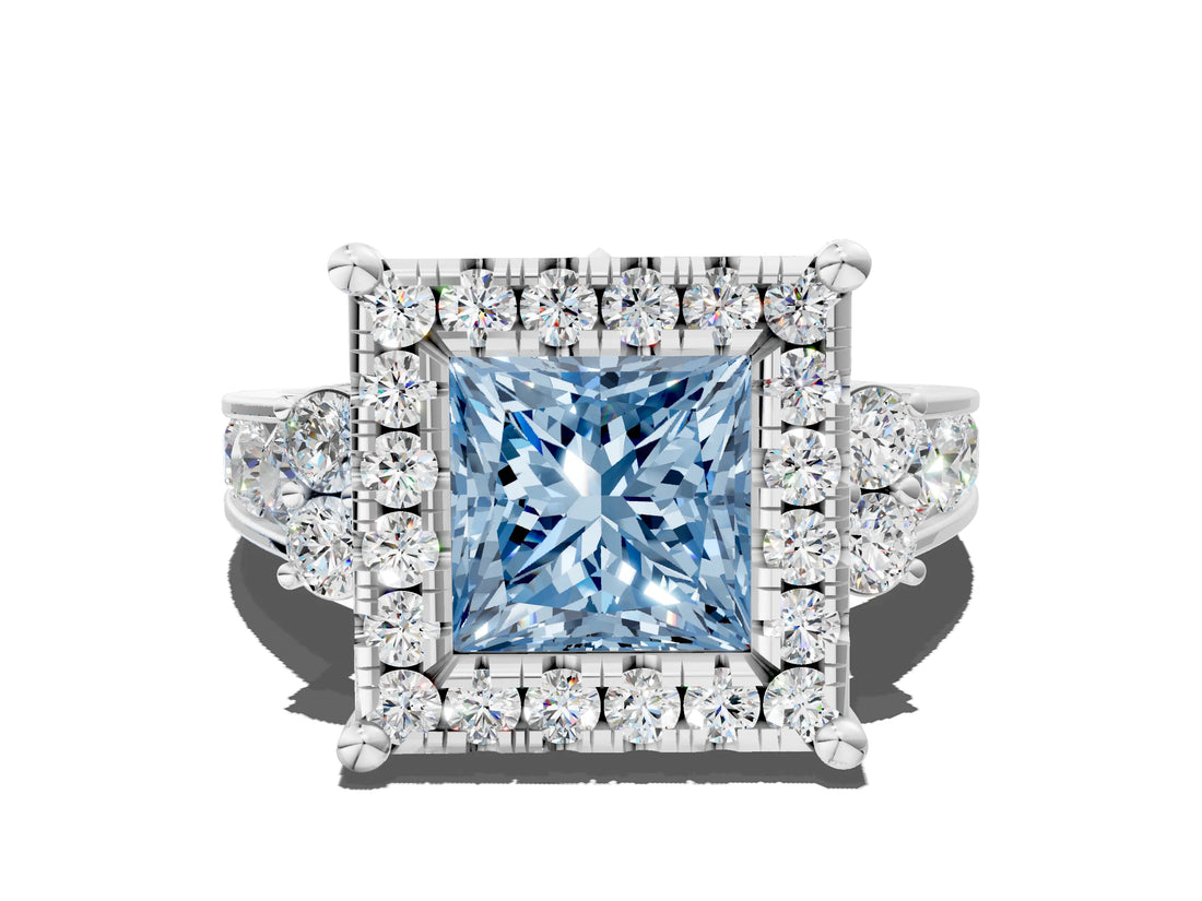 White gold Fancy Blue Princess  Halo Diamond Engagement Ring with Split Shank and Four-Prong Setting_51