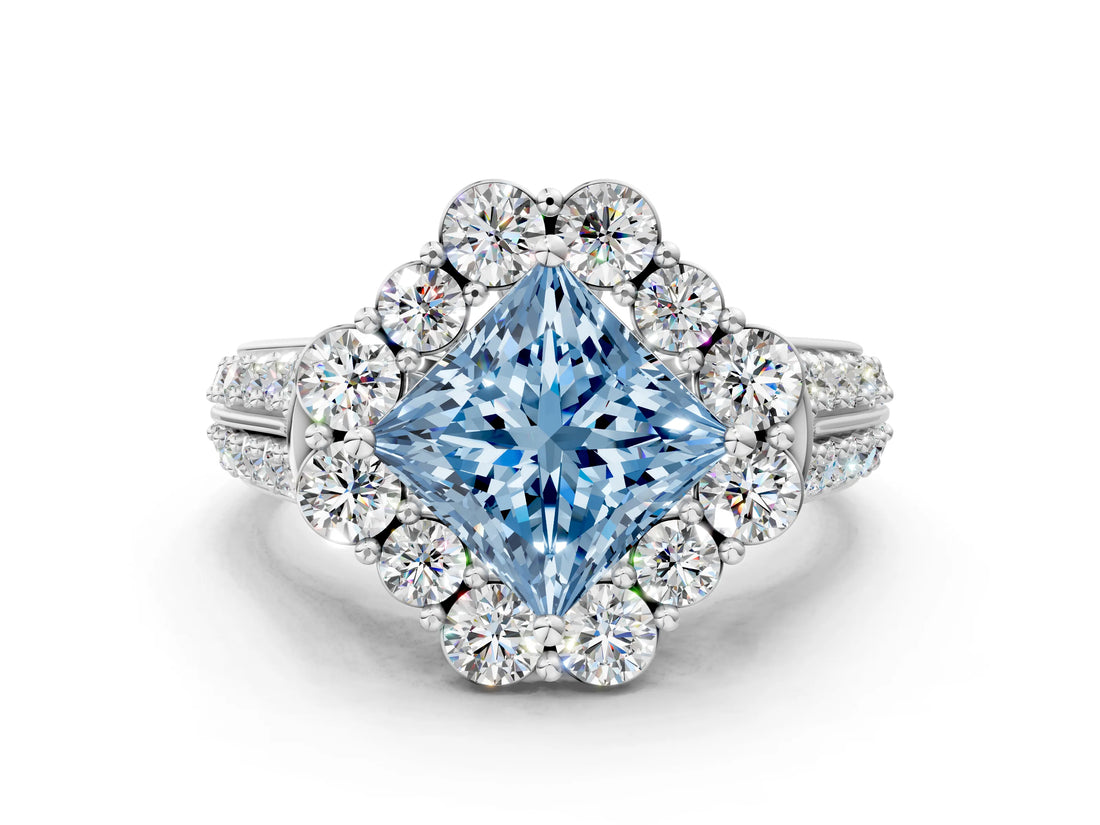 White gold Fancy Blue Princess  Halo Diamond Engagement Ring with Split Shank and Prong Setting_66