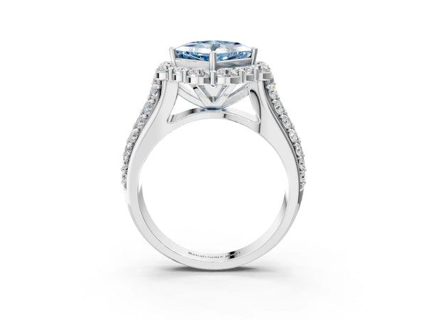 Platinum Fancy Blue Princess  Halo Diamond Engagement Ring with Split Shank and Prong Setting