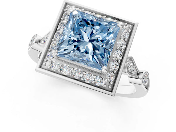 White gold Fancy Blue Princess  Halo Diamond Engagement Ring with Twisted Band and Four-Prong Setting