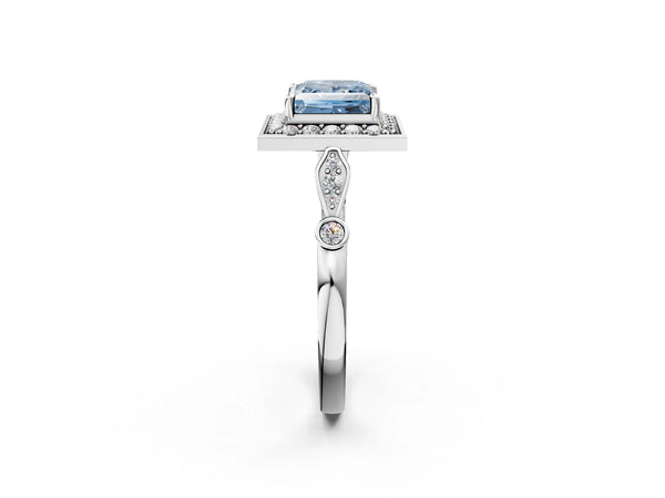 White gold Fancy Blue Princess  Halo Diamond Engagement Ring with Twisted Band and Four-Prong Setting