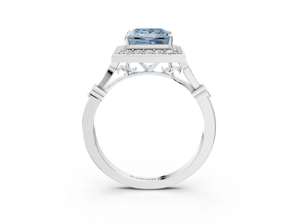 White gold Fancy Blue Princess  Halo Diamond Engagement Ring with Twisted Band and Four-Prong Setting