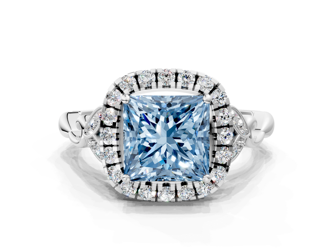 White gold Fancy Blue Princess  Halo Diamond Engagement Ring with Vintage-Inspired Band and Four-Prong Setting_3
