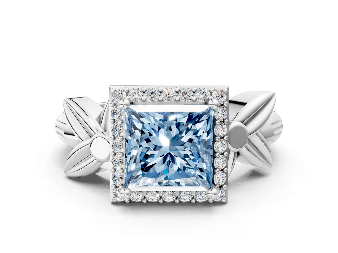 White gold Fancy Blue Princess  Halo Diamond Floral Band with Four-Prong Setting_55