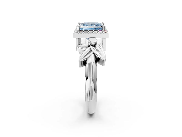 White gold Fancy Blue Princess  Halo Diamond Floral Band with Four-Prong Setting