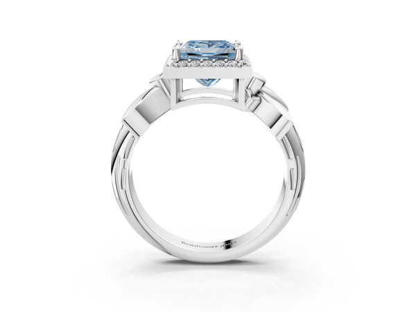 White gold Fancy Blue Princess  Halo Diamond Floral Band with Four-Prong Setting
