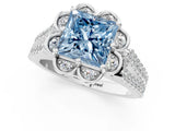 White gold Fancy Blue Princess  Halo Diamond Floral Split Shank Engagement Ring 1