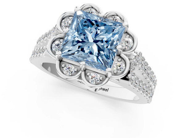White gold Fancy Blue Princess  Halo Diamond Floral Split Shank Engagement Ring