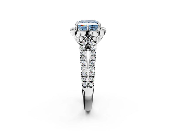White gold Fancy Blue Princess  Halo Diamond Floral Split Shank Engagement Ring