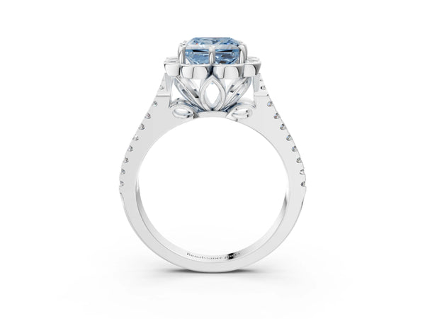 White gold Fancy Blue Princess  Halo Diamond Floral Split Shank Engagement Ring