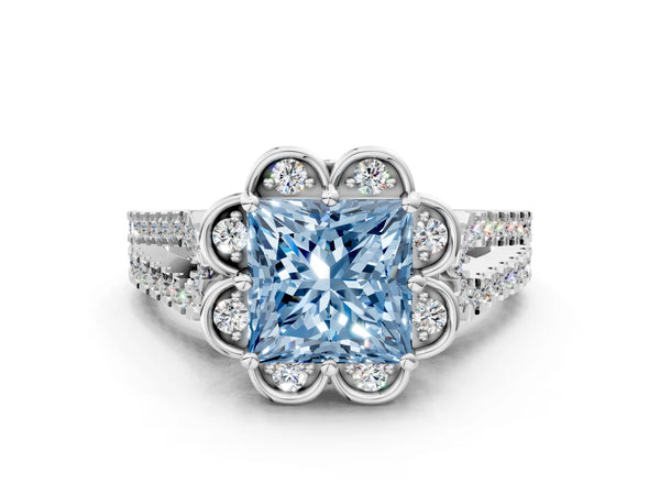White gold Fancy Blue Princess  Halo Diamond Floral Split Shank Engagement Ring