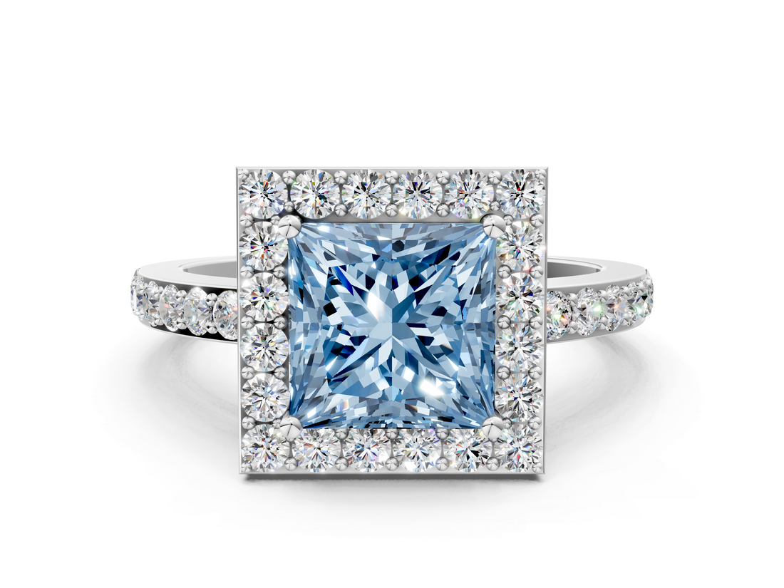 White gold Fancy Blue Princess  Halo Diamond Pavé Band Ring with Prong Setting_20