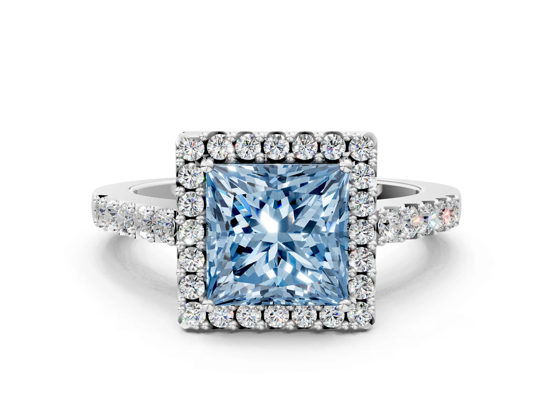 White gold Fancy Blue Princess  Halo Diamond Pavé Solitaire Ring_51