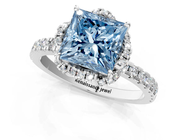 Platinum Princess Cut Petal Cutout Halo Engagement Ring Setting for Fancy Blue Center
