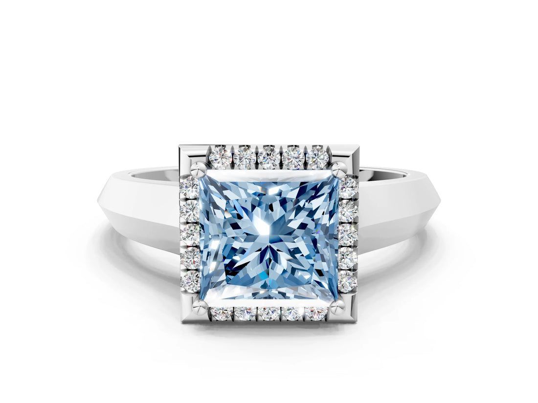 White gold Fancy Blue Princess  Halo Diamond Ring with Cathedral Band and Four-Prong Setting_67